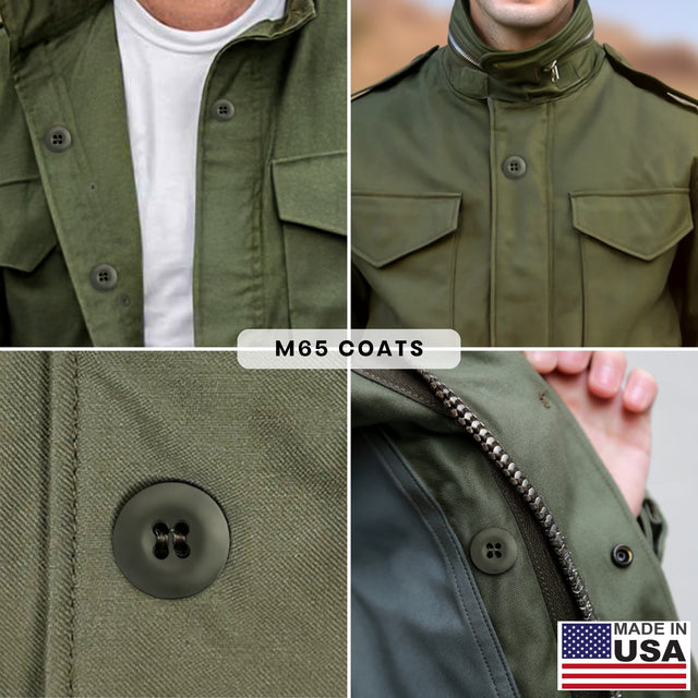 Four images of olive green M65 coats, featuring close-ups of Tactical Buttons—military spec fasteners—for tactical uniforms, as well as the sturdy zipper, with a Made in USA label at bottom right.