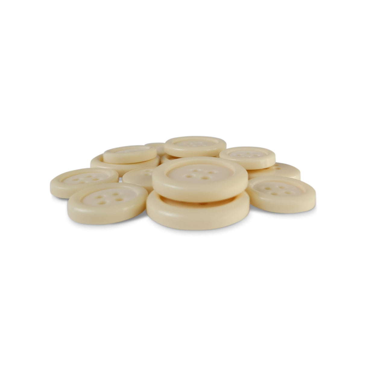 A pile of Basic Suit Buttons in beige, round and four-hole design is displayed on a white background.