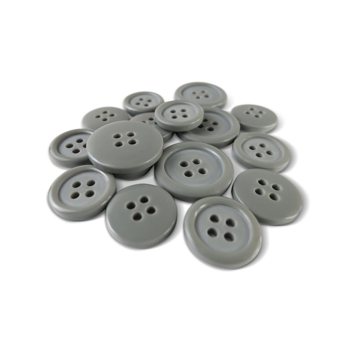 A pile of Basic Suit Buttons—assorted gray poly-nylon blazer buttons with four holes—on a white background.