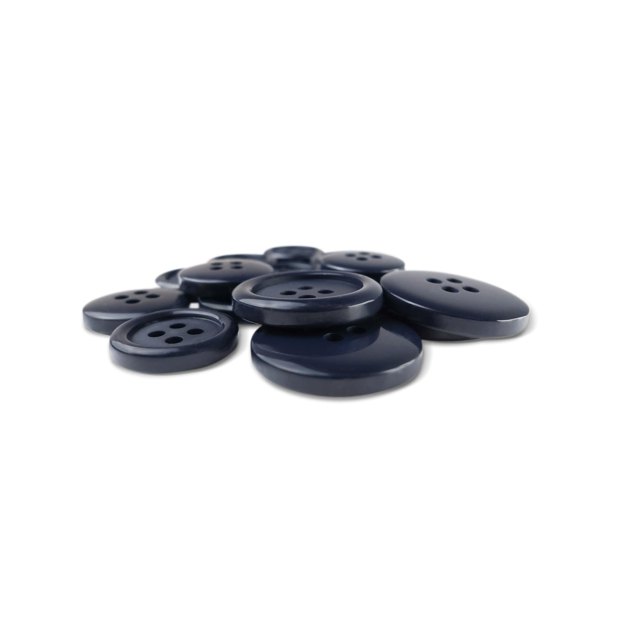 A collection of Basic Suit Buttons in dark blue and various sizes is displayed on a white background.