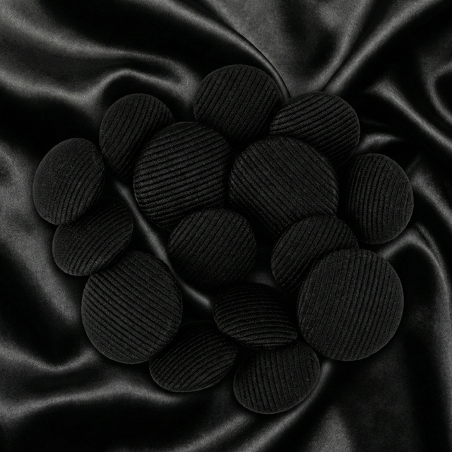 Tuxedo Suit Buttons are displayed in a cluster on smooth, crumpled black satin fabric.