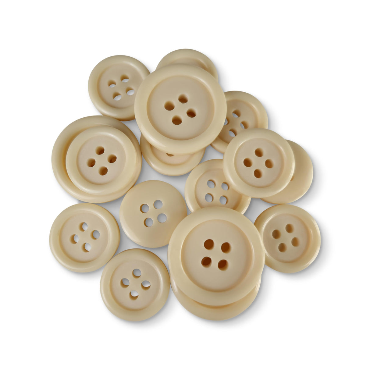 A collection of Basic Suit Buttons in assorted beige poly-nylon with four holes is displayed on a white background.