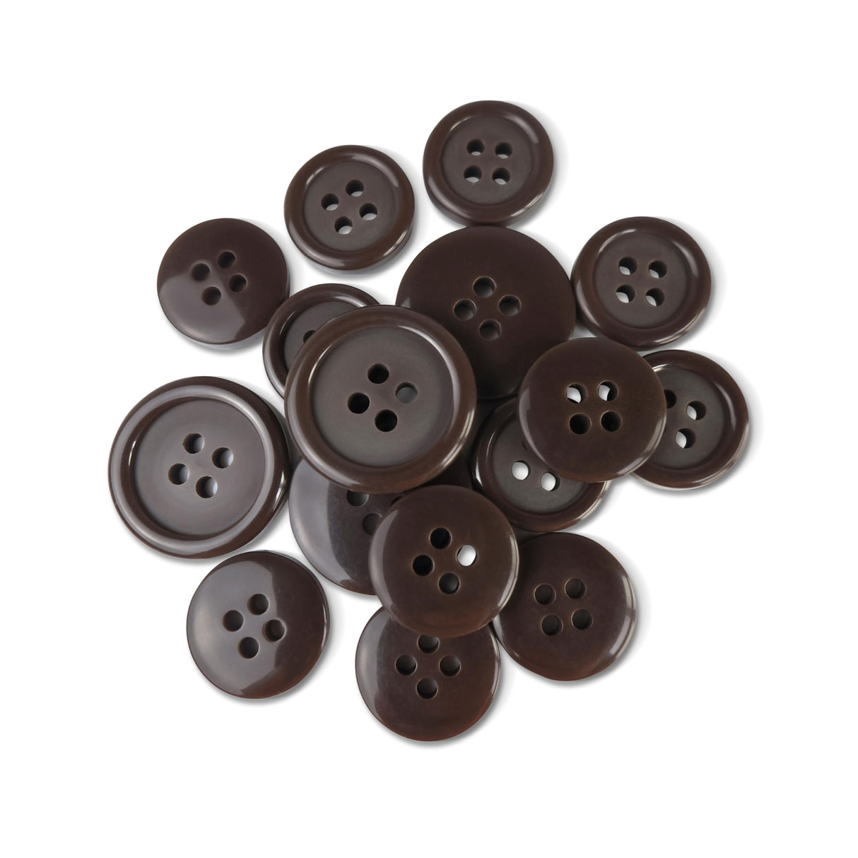 A pile of Basic Suit Buttons—dark brown, round, four-hole poly-nylon buttons perfect for blazers or suits—strewn across a white background.