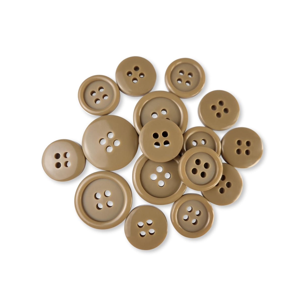 A selection of Basic Suit Buttons in brown poly-nylon and assorted sizes, ideal for suits, displayed on a white background.