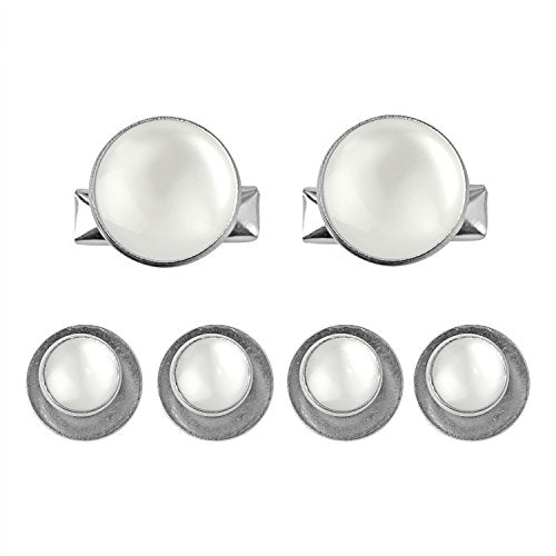 Tuxedo Shirt Studs and Cufflinks set featuring stainless steel with white circular centers, ideal as tuxedo shirt accessories, displayed on a white background.