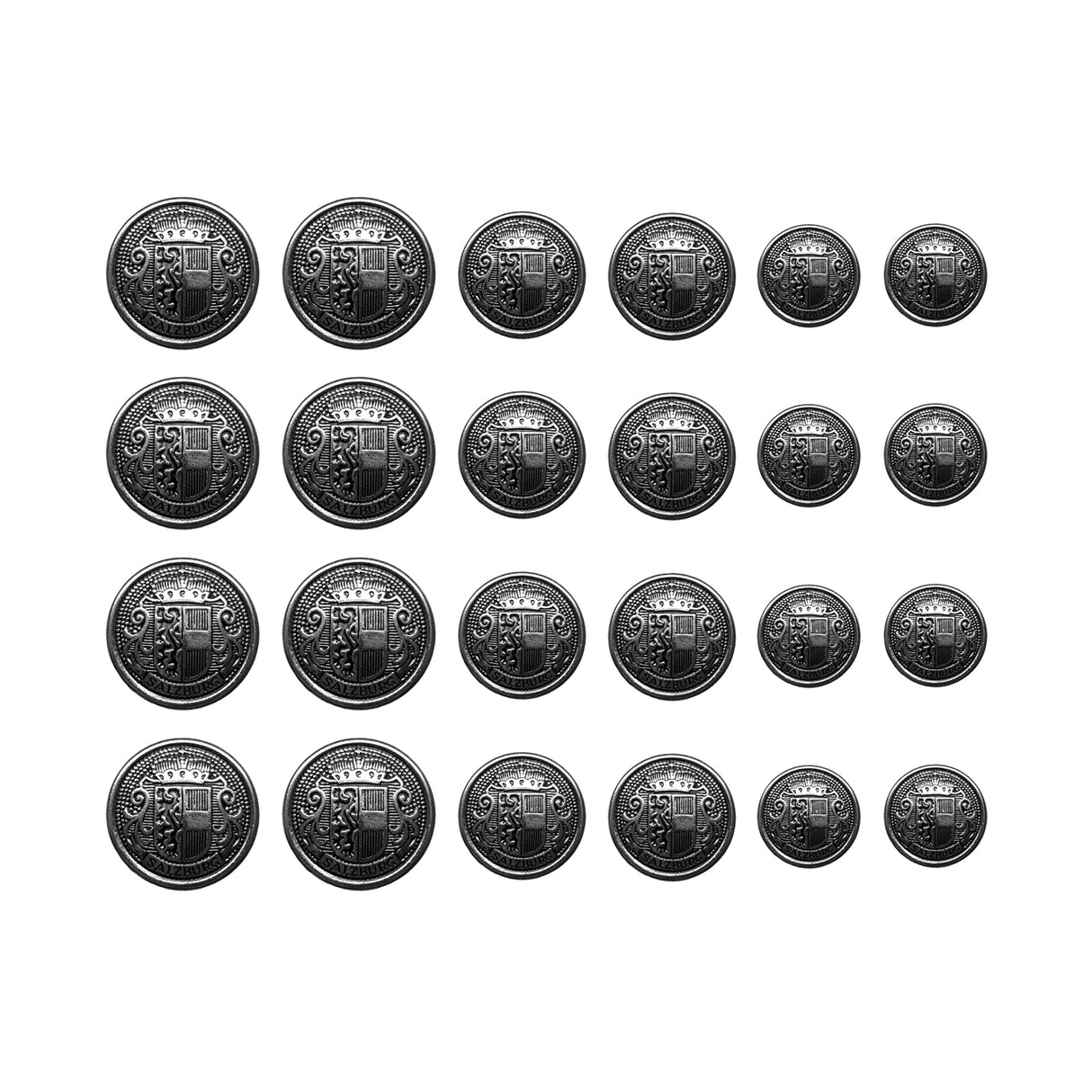Twenty-four Salzburg Crest Design Metal Blazer Buttons, arranged in a grid on a white background—ideal replacements for your blazer.