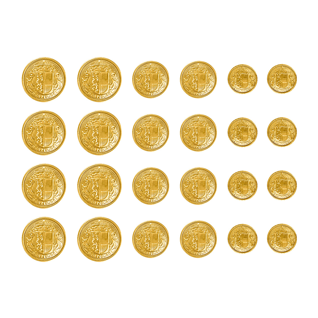 Rows of Salzburg Crest Design Metal Blazer Buttons in various sizes are arranged neatly on a white background, gleaming like gold coins.