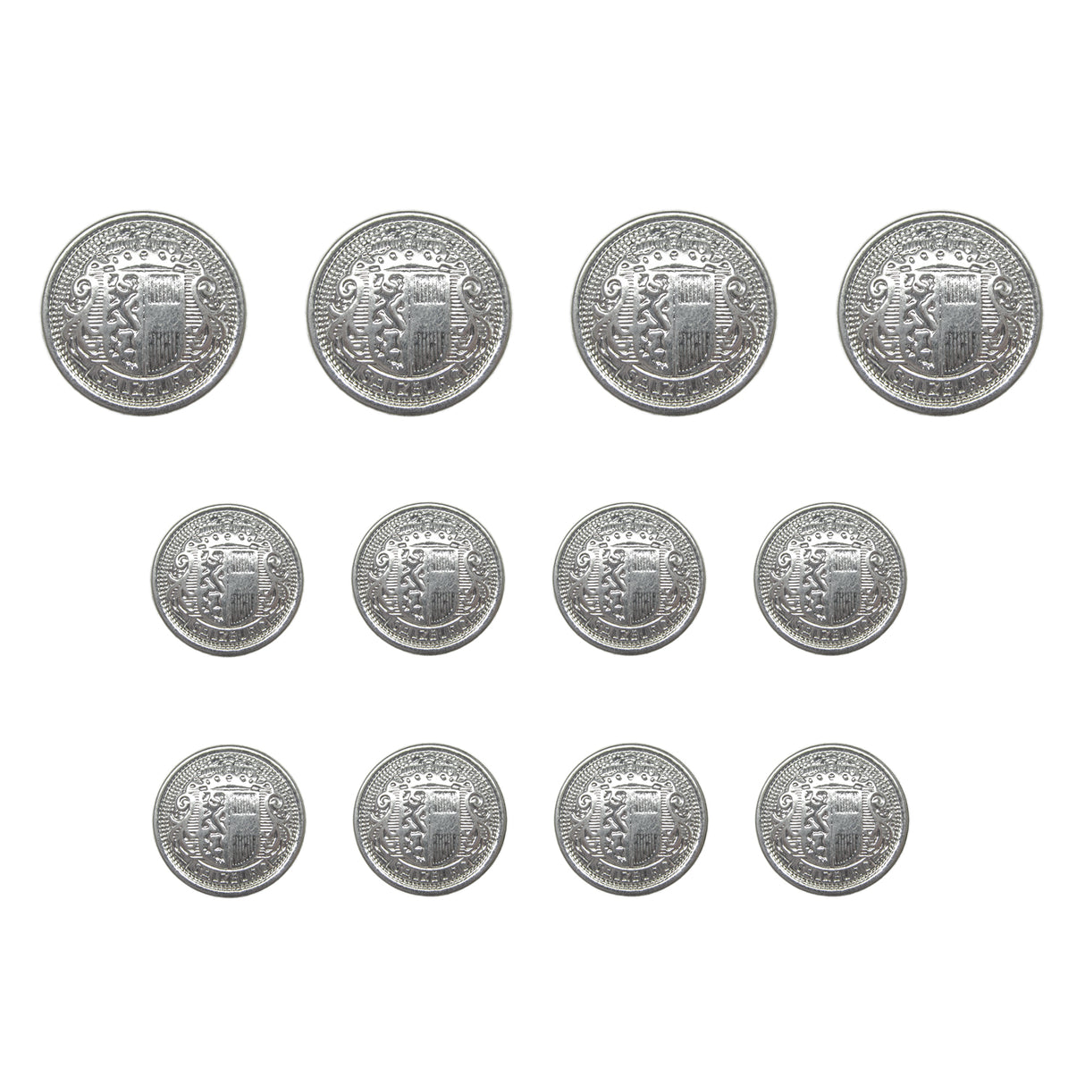 Eleven Salzburg Crest Design Metal Blazer Buttons in silver, displayed in three rows on a white background, decreasing in size from top to bottom.