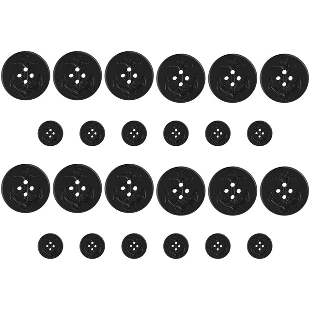 Twenty Universal Pea Coat Buttons in assorted sizes, black, displayed in rows on a white background.