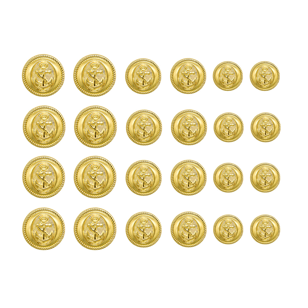 Twenty-four Anchor Sailor Design Metal Blazer Buttons are arranged in a neat grid pattern on a white background.