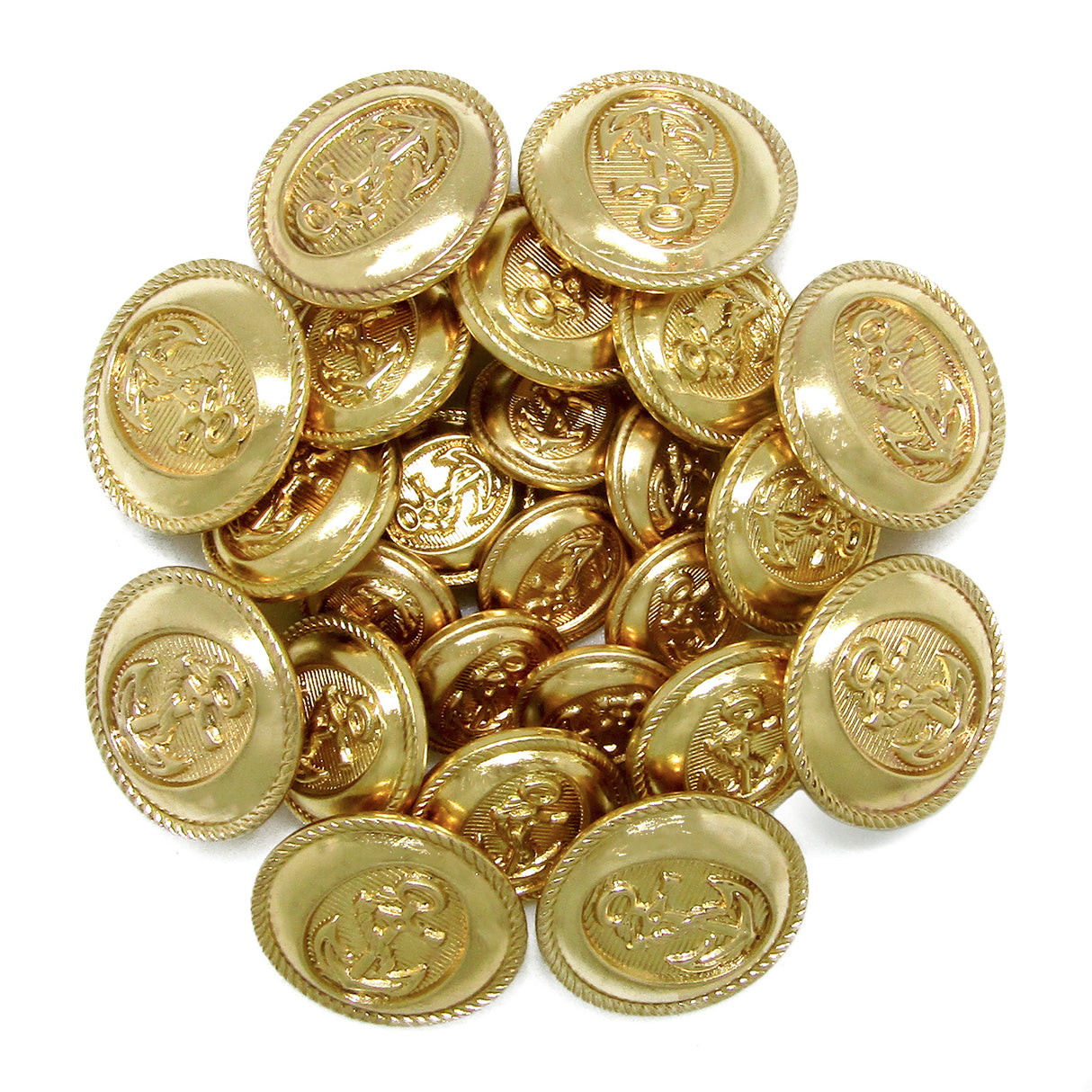 A pile of shining gold Anchor Sailor Design Metal Blazer Buttons, each featuring a classic embossed anchor and rope motif, adds a nautical touch to blazers.
