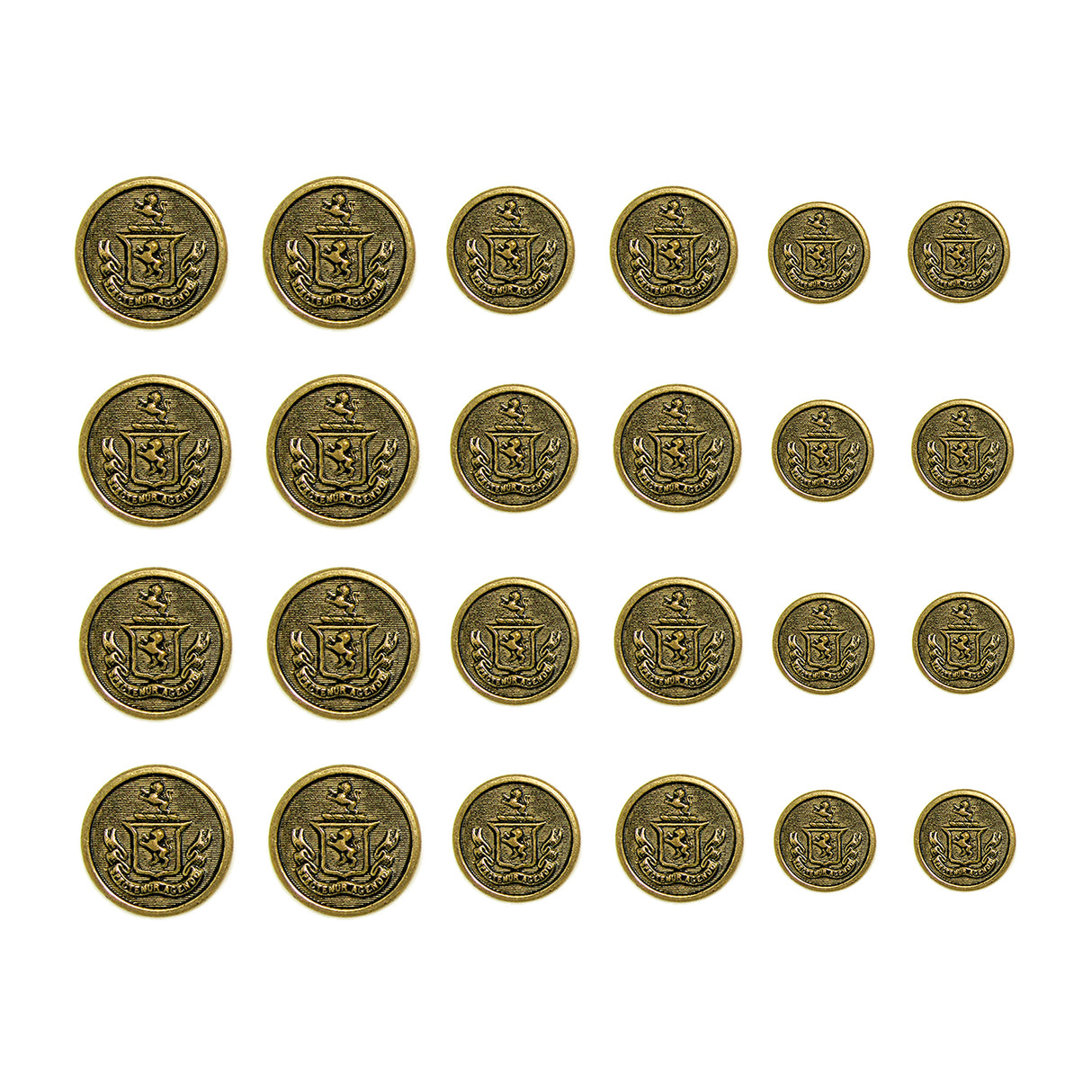 Set of 24 gold-tone Lion Crest Design Metal Blazer Buttons, featuring a detailed crest and arranged in four rows on a white background—ideal for replacing your blazer’s metal buttons.
