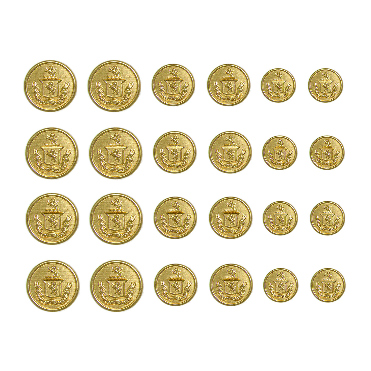 A set of 24 Lion Crest Design Metal Blazer Buttons, arranged in a 4x6 grid on a white background, ideal as replacement buttons for blazers.
