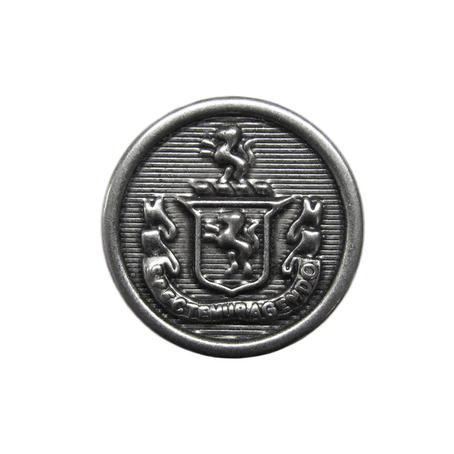 Lion Crest Design Metal Blazer Buttons—round metal buttons featuring a raised lion crest, coat of arms, and banner; perfect as replacement blazer buttons.