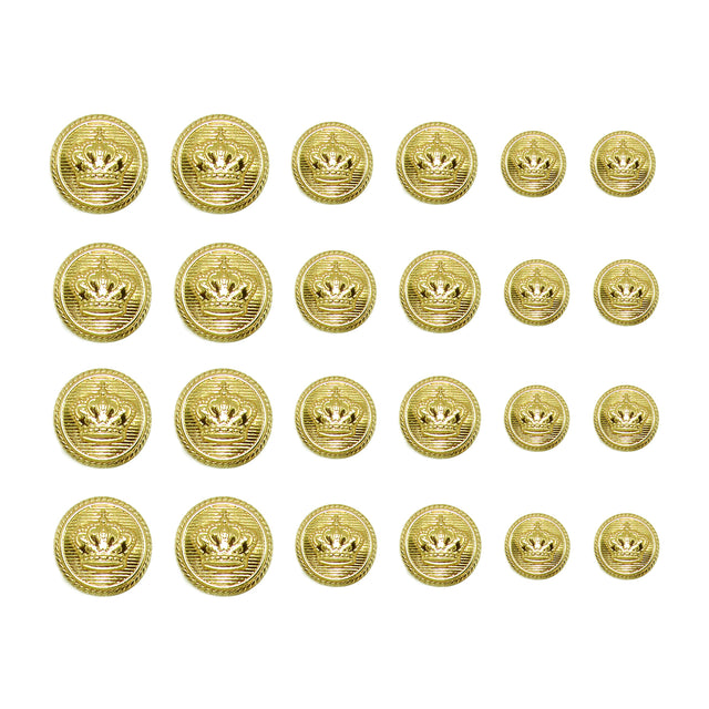 Twenty-four Crown Design Metal Blazer Buttons are arranged in a grid on a white background, ideal as replacement buttons for blazers.