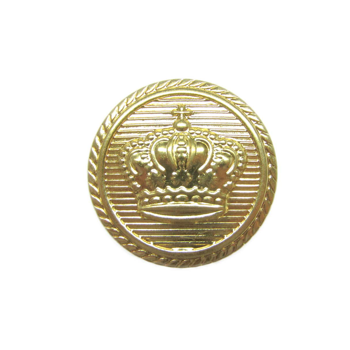 Refresh your blazer with Crown Design Metal Blazer Buttons, featuring a raised crown on a textured, striped gold background and framed by a rope-patterned border—perfect for adding an elegant touch.