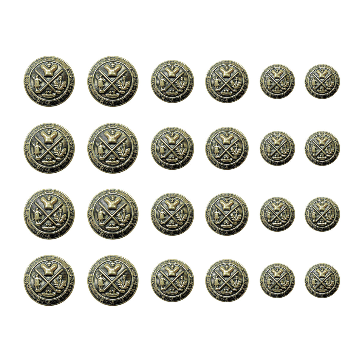 Twenty Coat of Arms Design Metal Blazer Buttons in antique gold, arranged in four equal-sized rows—ideal for giving your uniform or coat a distinguished look.