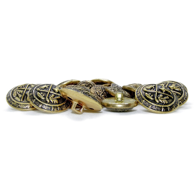 A pile of Coat of Arms Design Metal Blazer Buttons with engraved details and shanks is displayed on a white background.