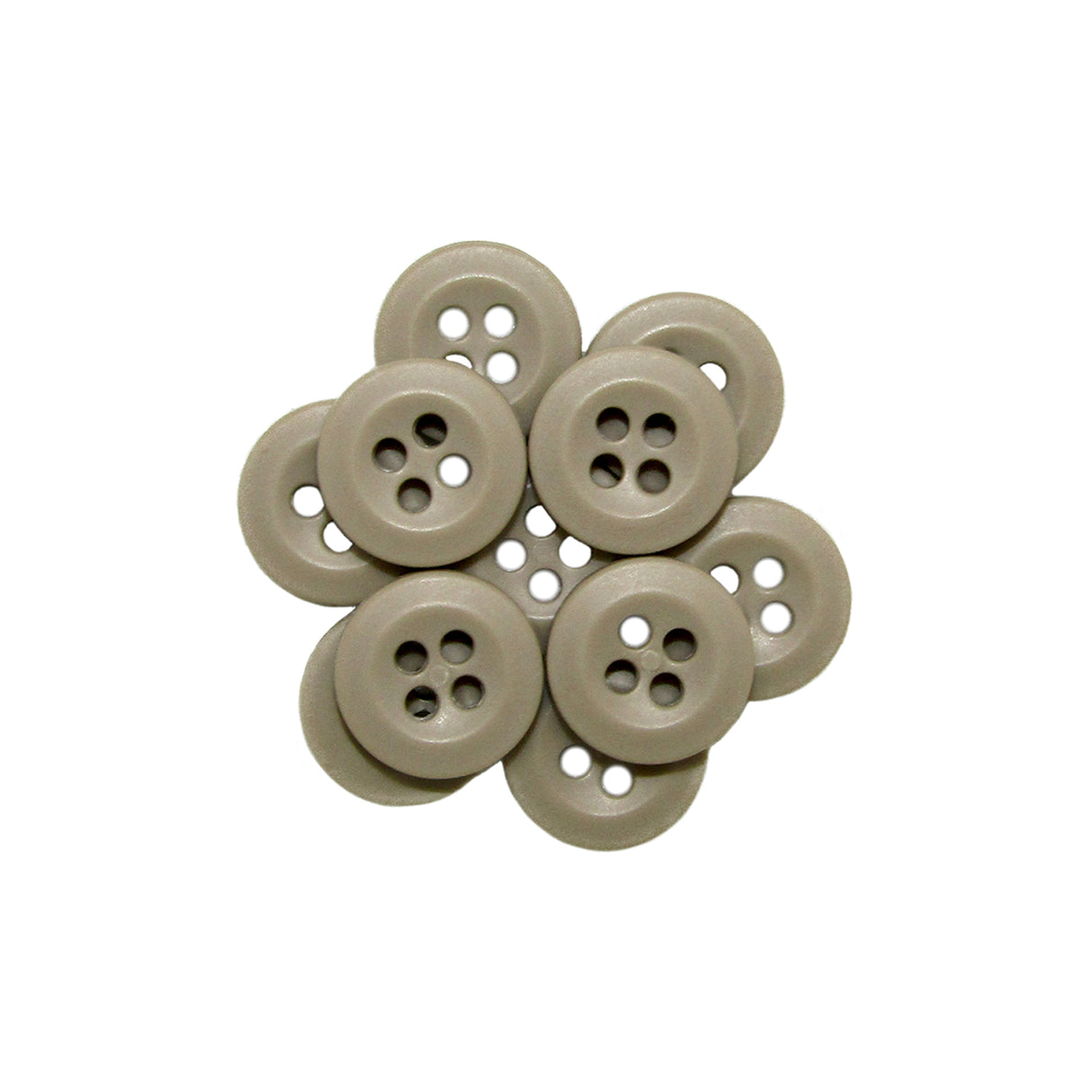 Nine Uniform Shirt Buttons, made of beige melamine with four holes each, are arranged in a circular pattern on a white background.
