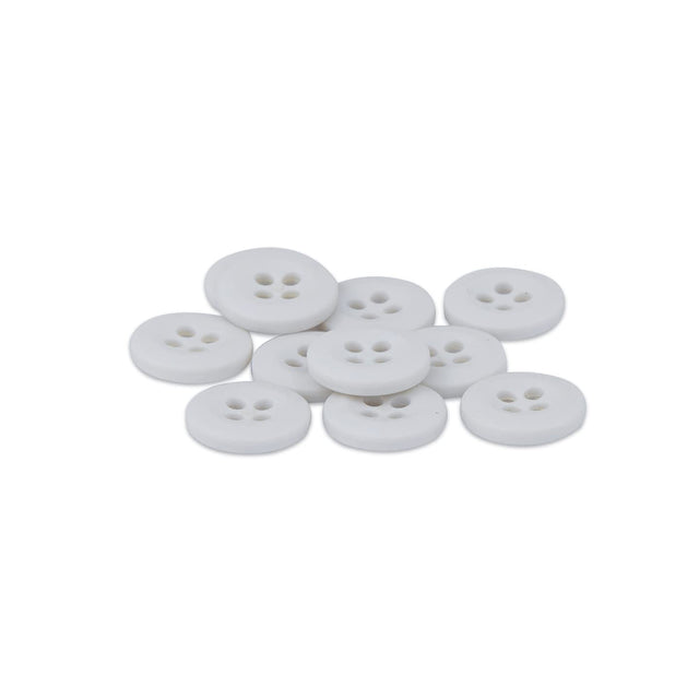 A pile of Uniform Shirt Buttons—small, round, white melamine buttons with four holes—sits on a white background.