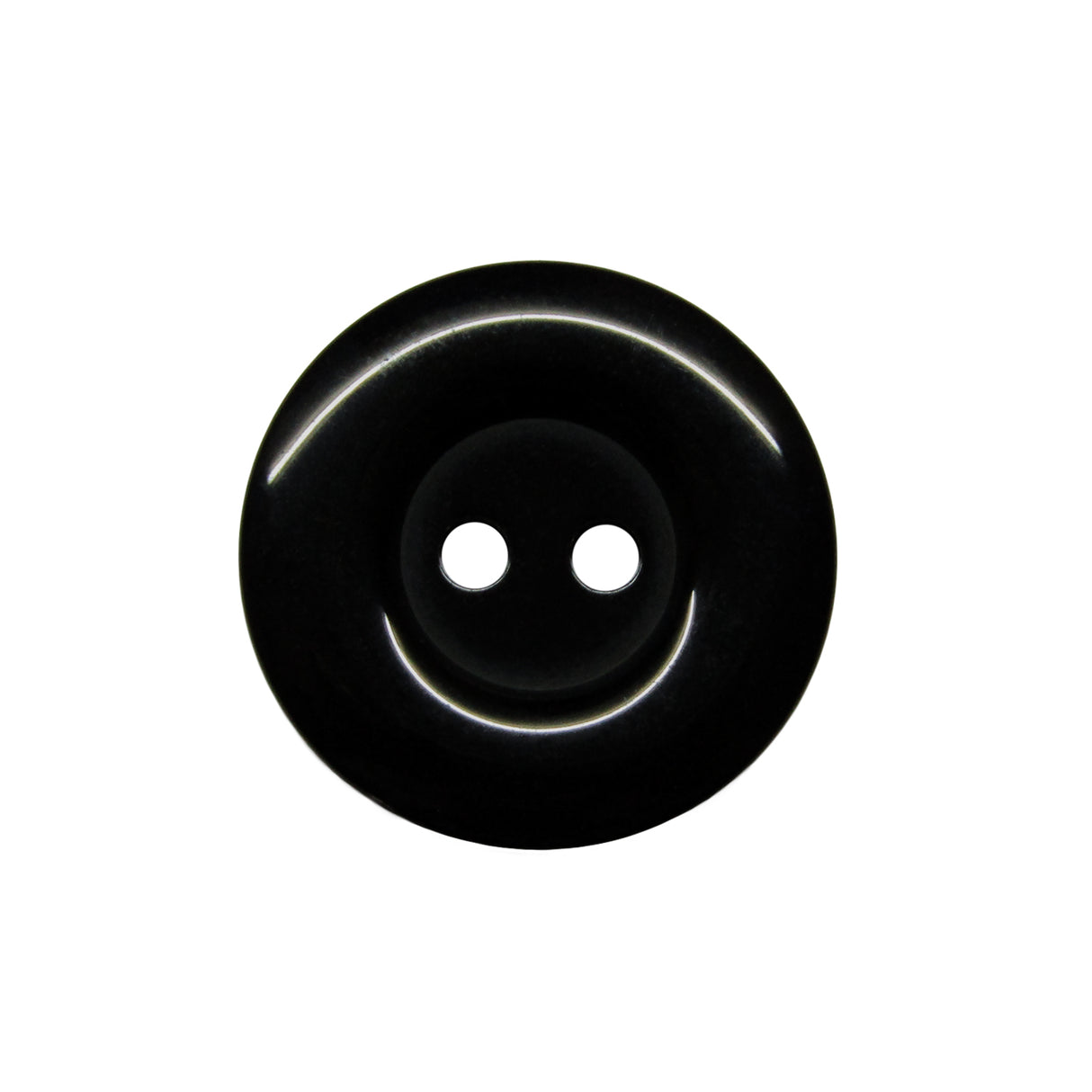 A black, round Commercial Food Service Button with two holes on a white background—perfect for use as a plain or work uniform button.