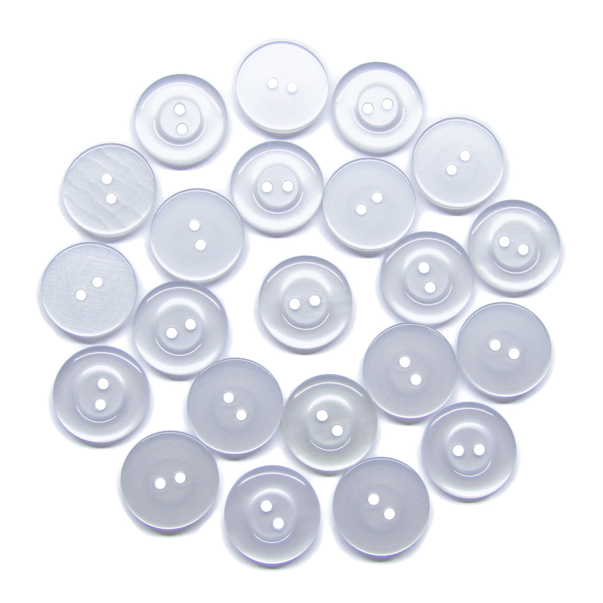 Twenty-four Commercial Food Service Buttons, clear and round with two holes, are grouped loosely on a white background—ideal as plain uniform buttons.