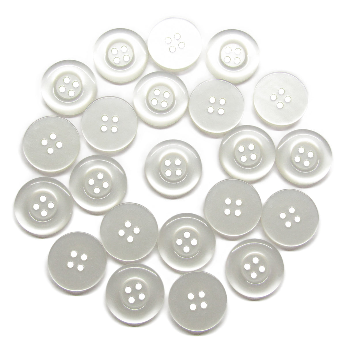 A set of Commercial Food Service Buttons, white, round, and four-holed, displayed in a loose circular arrangement on a white background.