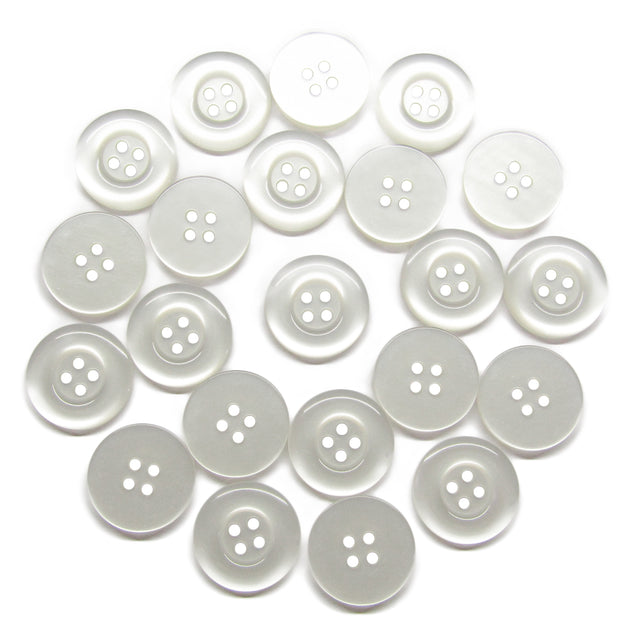 A set of Commercial Food Service Buttons, white, round, and four-holed, displayed in a loose circular arrangement on a white background.