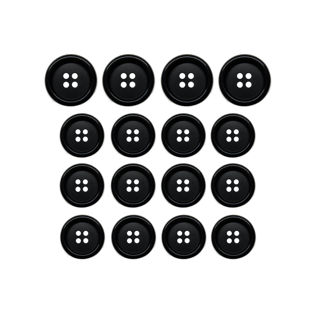 Fifteen Luxury Suit Buttons in black vegan material, each with four holes, arranged in a 4x4 grid with one missing from the bottom row.