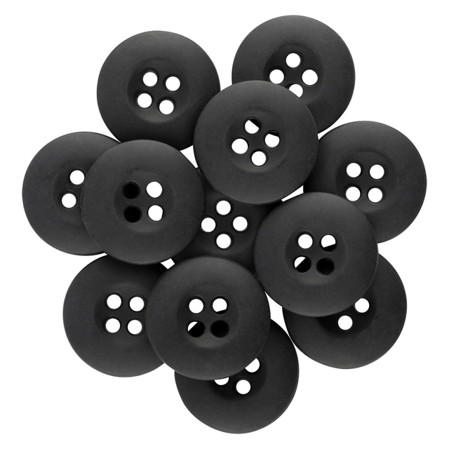 A set of Tactical Buttons, made from black melamine with four holes each, is arranged in a circle on a white background.