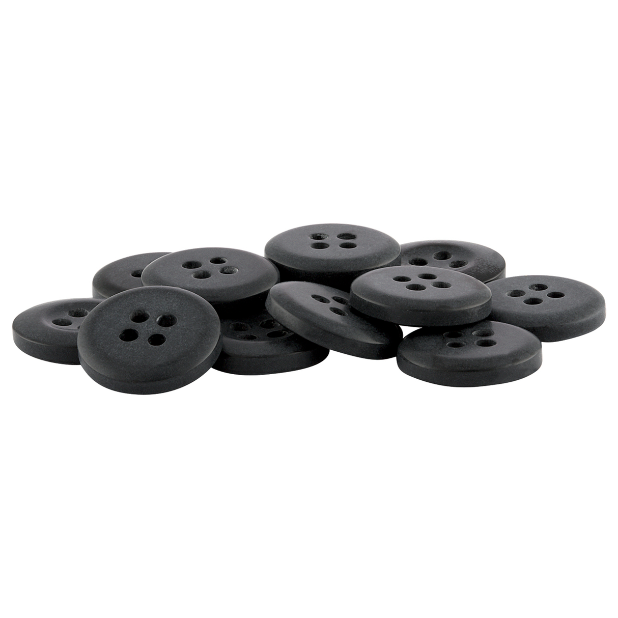 A pile of Khakis, Chinos and Casual Cotton Pant Buttons in black, ideal as replacement nylon buttons for khaki pants, displayed on a white background.