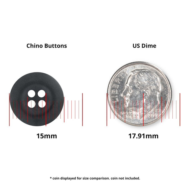 Khakis, Chinos and Casual Cotton Pant Button in black, 15mm four-hole nylon, ideal for black pants; shown beside a US dime (17.91mm) with red measurement lines for easy size comparison.
