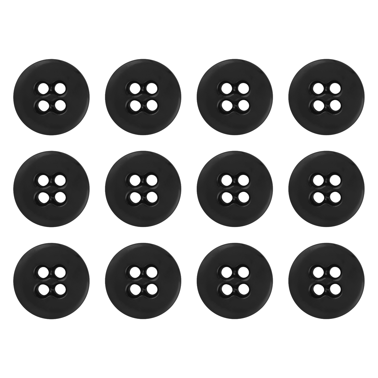 Twelve Suspender Brace Pant Buttons, black with four holes, are arranged in a 3x4 grid on a white background.