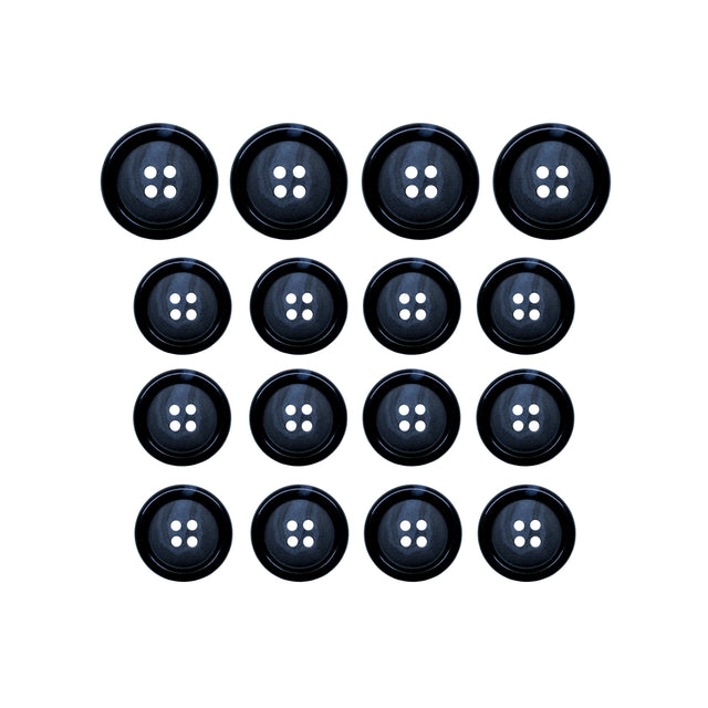 Fifteen Luxury Suit Buttons in black vegan material are arranged in a 4x4 grid with one space empty, displayed on a white background.