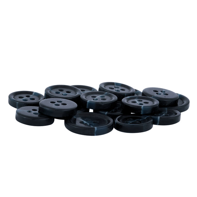 Standard Suit Buttons in dark blue, featuring four holes, ideal as replacement buttons for a black blazer, shown on a white background.