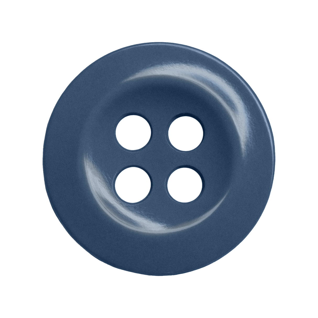 A blue, round, four-hole Work Shirt Button displayed on a white background—perfect for replacing lost or damaged shirt buttons.