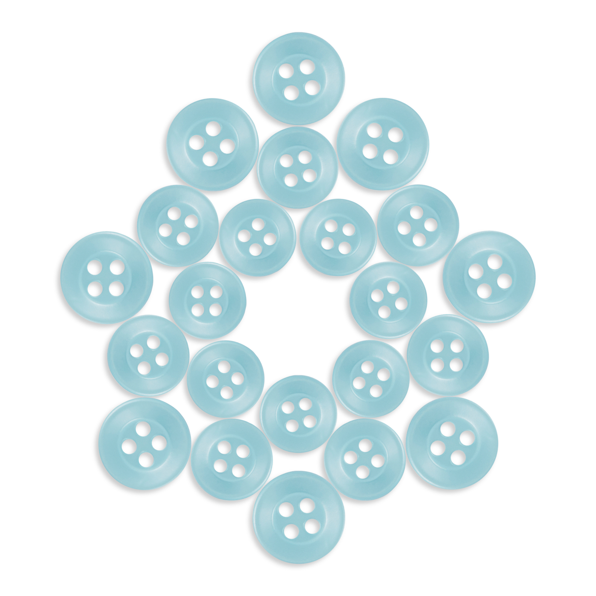 A set of light blue Replacement Shirt Buttons, made of poly-nylon, arranged in a circular star pattern on a white background.