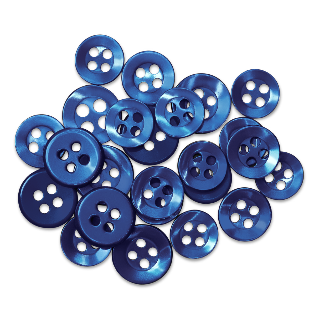 A pile of Replacement Shirt Buttons in shiny blue poly-nylon, ideal for dress shirt repairs, scattered on a white background.