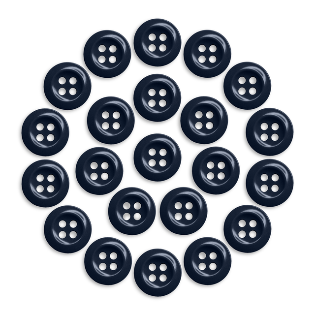 Twenty-one Work Shirt Buttons in dark blue are arranged in a circular pattern on a white background.