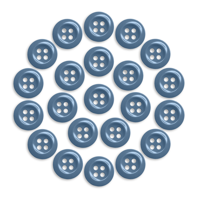 Twenty-one Work Shirt Buttons, blue and military spec, arranged in a circular pattern on a white background.