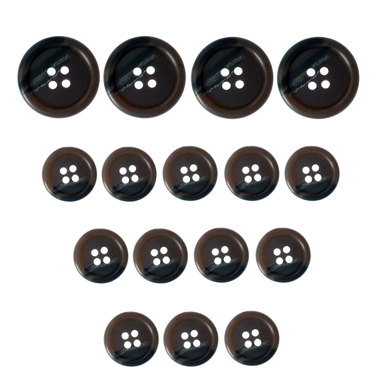Fifteen Vegan Faux Horn Suit Buttons in dark brown, each with four holes, arranged in a triangle.