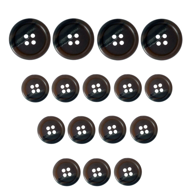 Fifteen Vegan Faux Horn Suit Buttons in dark brown, each with four holes, arranged in a triangle.