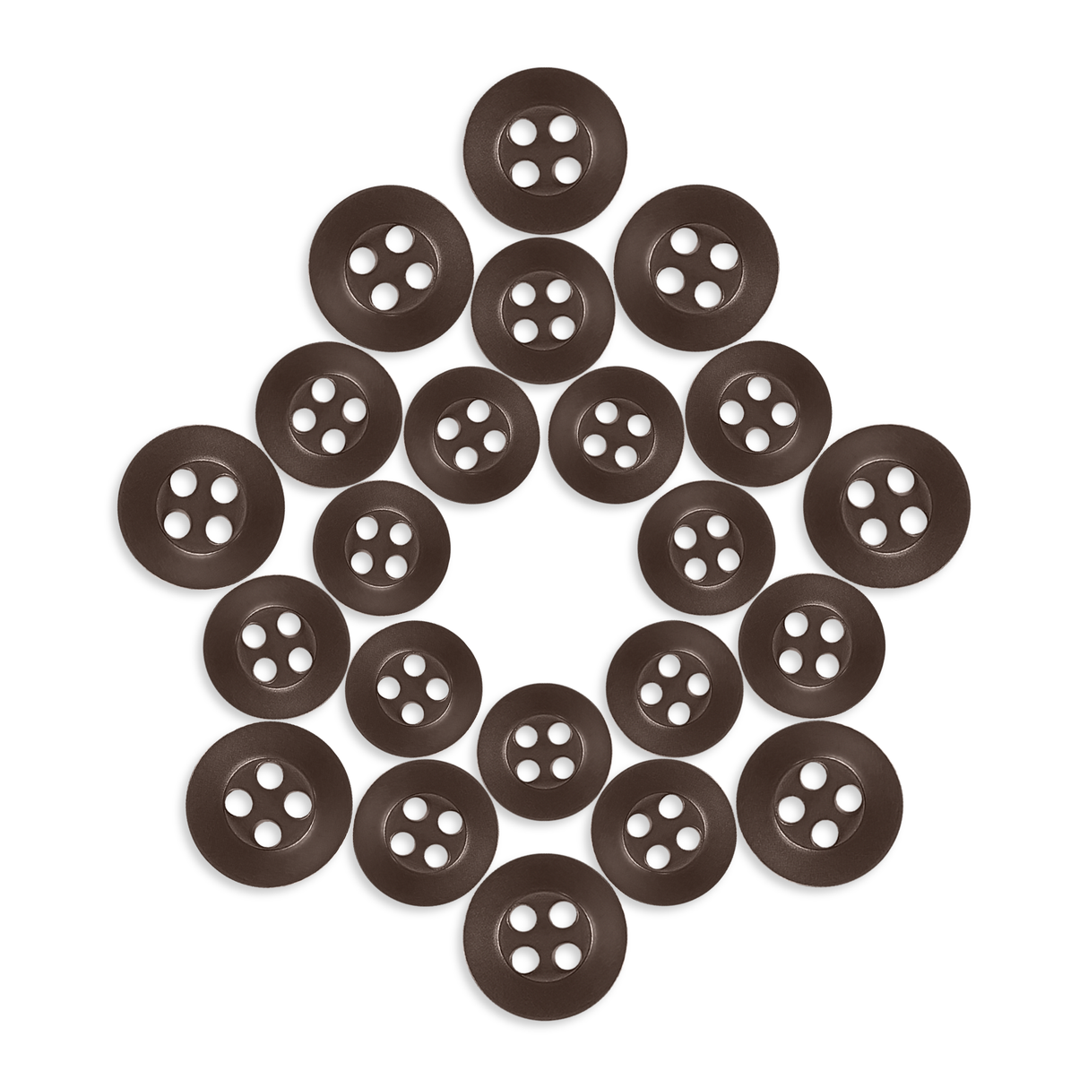 Twenty-one Replacement Shirt Buttons, brown poly-nylon with an anti-glare matte finish, are arranged in a five-pointed star on a white background.