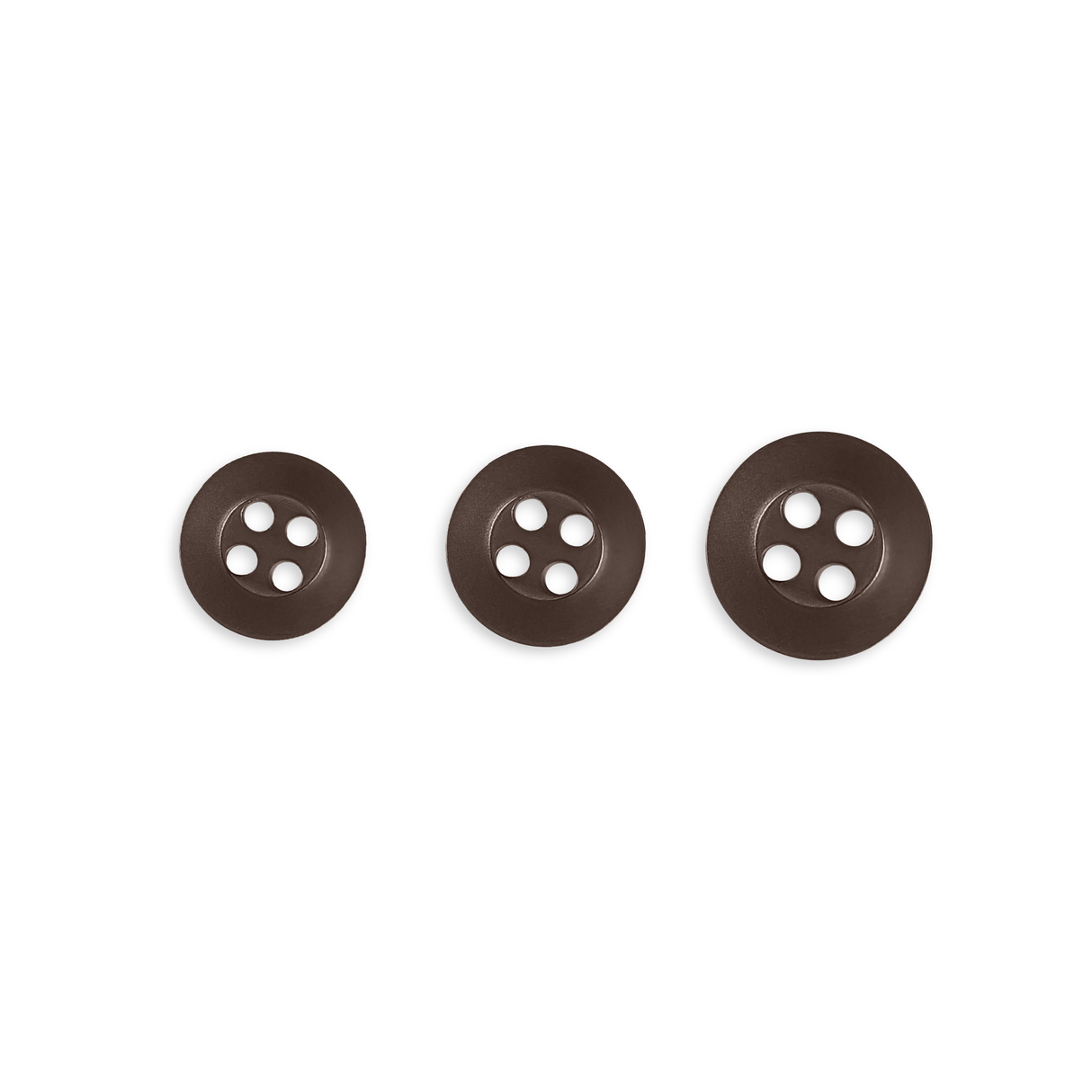 Three dark brown Replacement Shirt Buttons with an anti-glare matte finish, each featuring four holes and different sizes, are arranged in a row on a white background—ideal for any tailor's button kit.