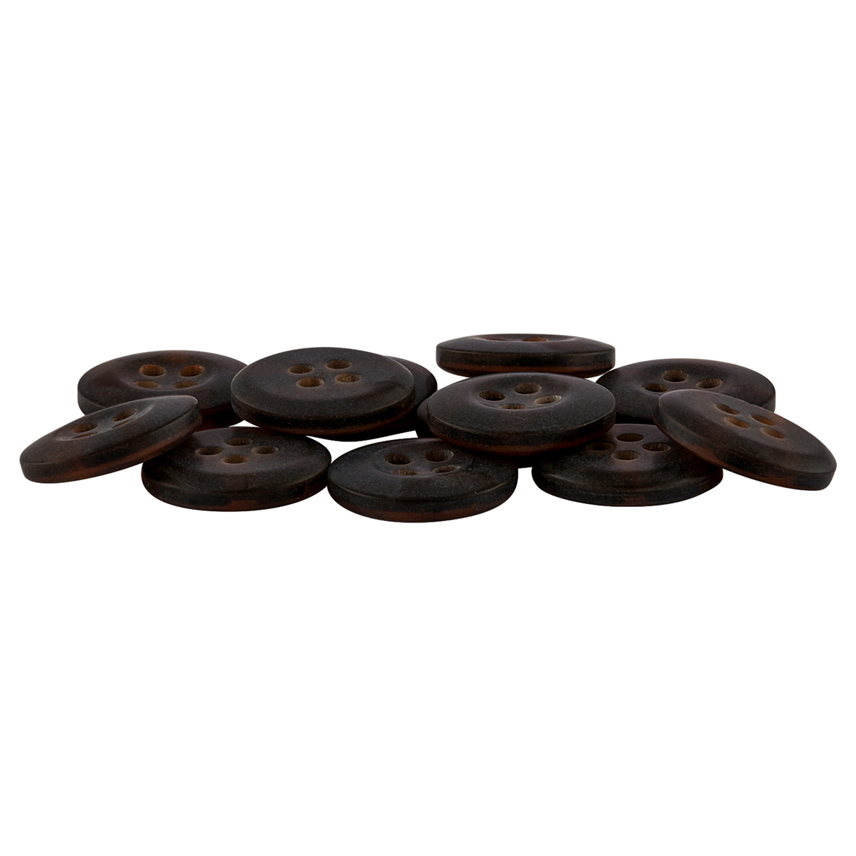 Ten dark brown, round, four-hole Khakis, Chinos and Casual Cotton Pant Buttons made of nylon are arranged in a loose pile on a white background.