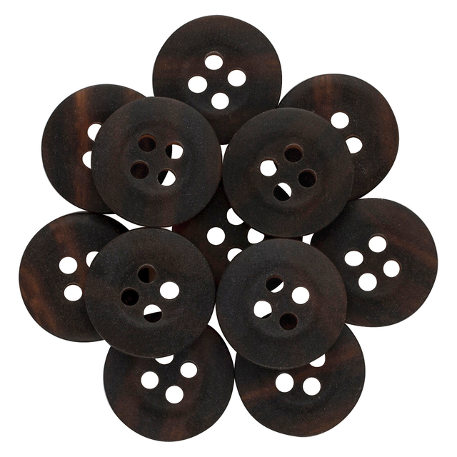 A pile of dark brown, round nylon "Khakis, Chinos and Casual Cotton Pant Buttons" with four holes—ideal as black replacement buttons or for repairing khaki pants.