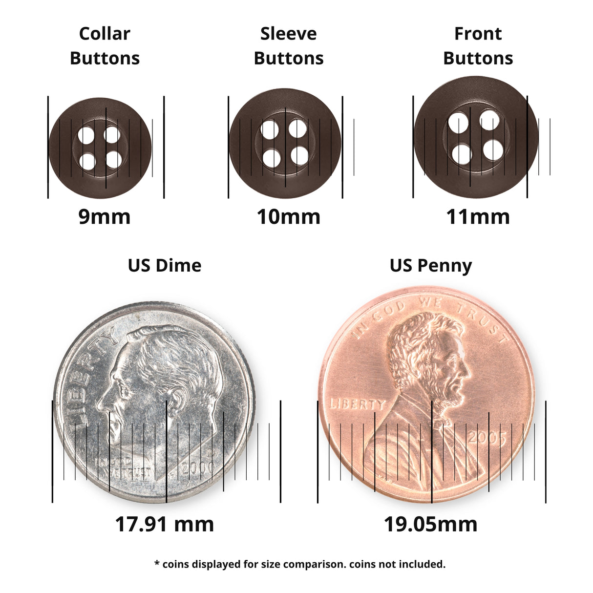 Three brown Replacement Shirt Buttons (9mm, 10mm, 11mm) are shown with two coins (17.91mm, 19.05mm) for size comparison—perfect additions to your tailor’s button kit.