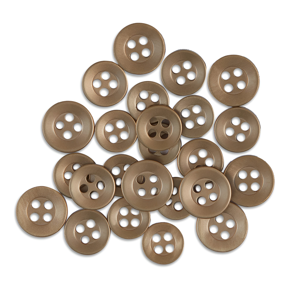 A set of brown, round Replacement Shirt Buttons made of poly-nylon with four holes and an anti-glare matte finish scattered on a white background.
