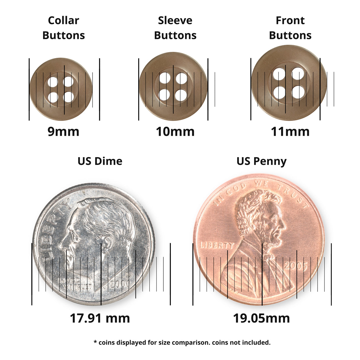 Three Replacement Shirt Buttons in brown Poly-Nylon of varying sizes, shown above a US dime and penny for size reference, with measurements displayed.