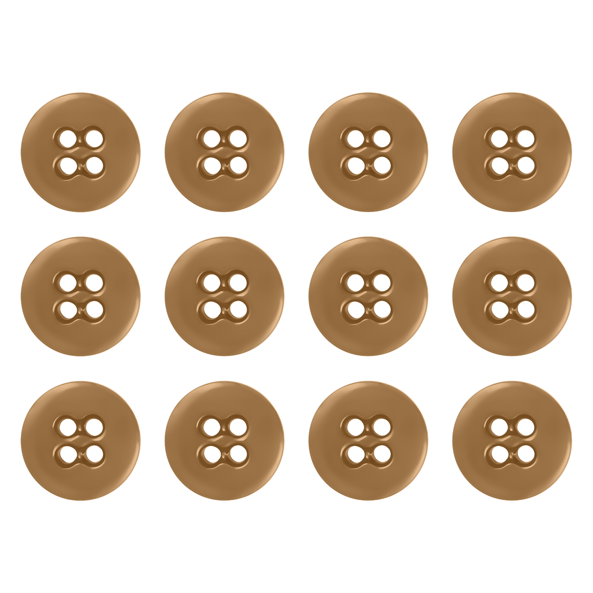 Twelve Suspender Brace Pant Buttons, brown with four holes, are neatly arranged in a 3 by 4 grid on a white background.